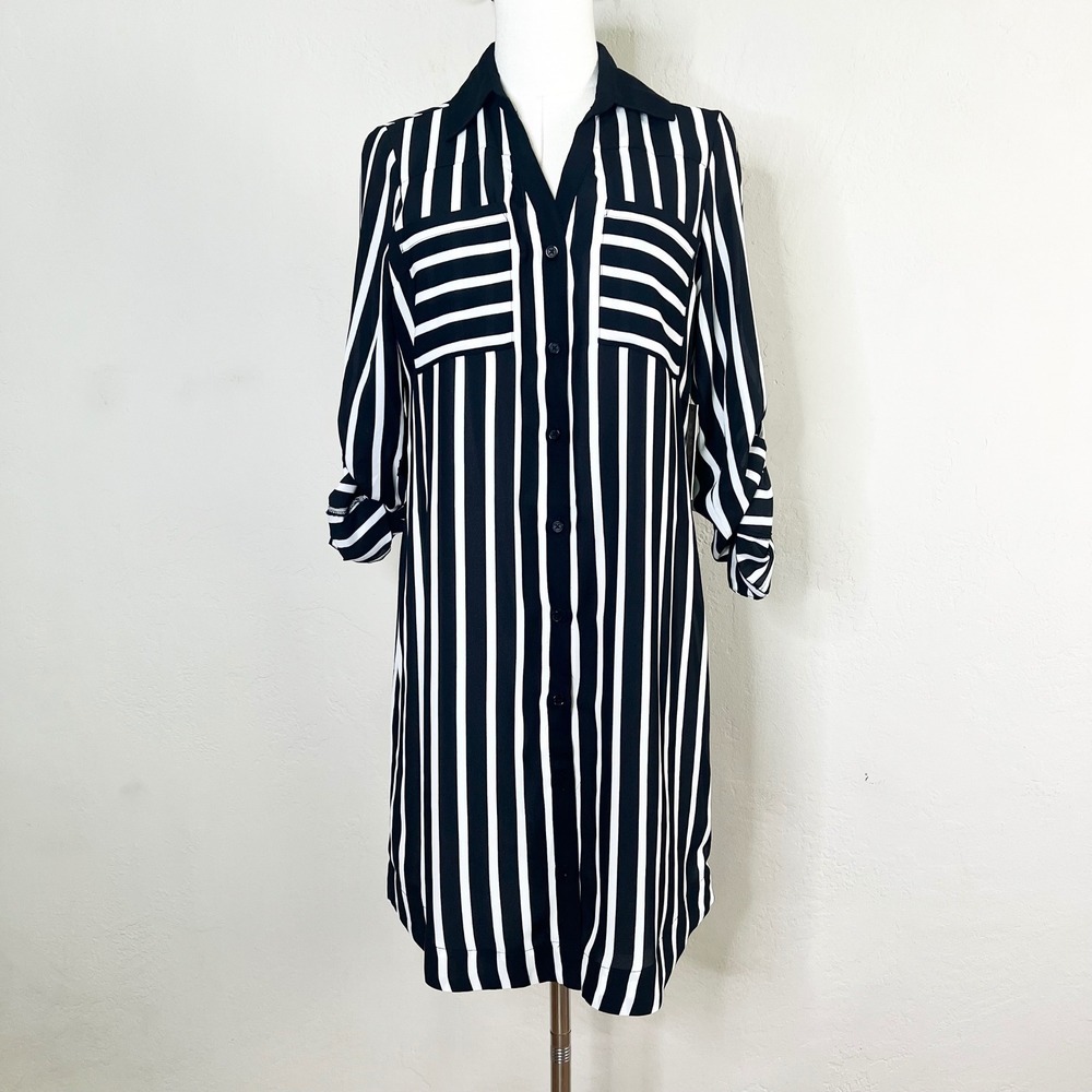 Express Portofino Shirt Dress Small Black White Striped‎ Roll Tab Sleeve NEW